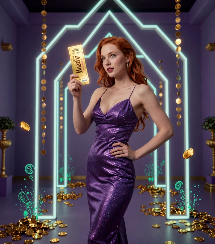 Frau mit rotem Haar in violettem Kleid h&auml;lt goldenes Bonusticket vor Zen-Tempel-B&ouml;gen im GambleZen Online Casino Willkommensbonus