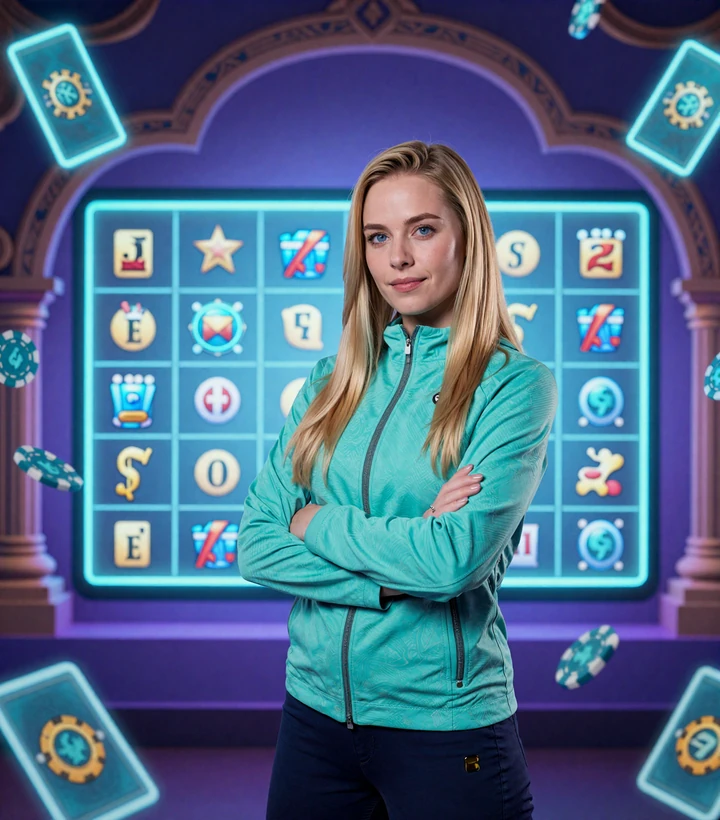 Selbstbewusste Frau in neon-t&uuml;rkiser Jacke vor leuchtender Slot-Symbol-Wand mit Zen-B&ouml;gen in der GambleZen Casino Spielothek