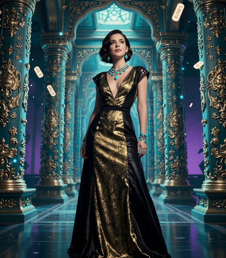Elegante Frau im schwarz-goldenen Kleid vor leuchtenden Zen-Tempel-S&auml;ulen im VIP-Programm des GambleZen Online Casino